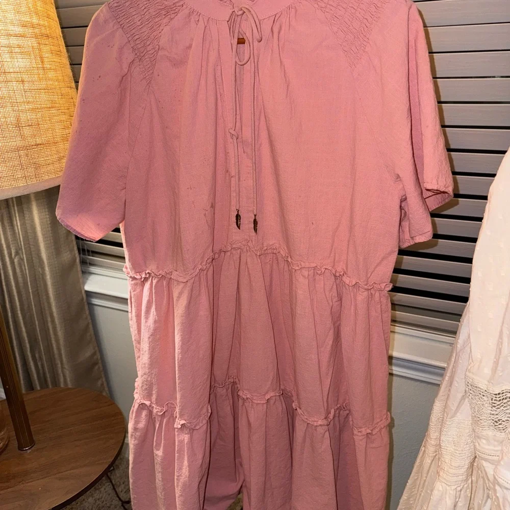 Dusty Pink Boho Tiered Peasant Dress | Feather Tie Neckline & Puff Sleeves Sold❌ - Picture 4 of 5